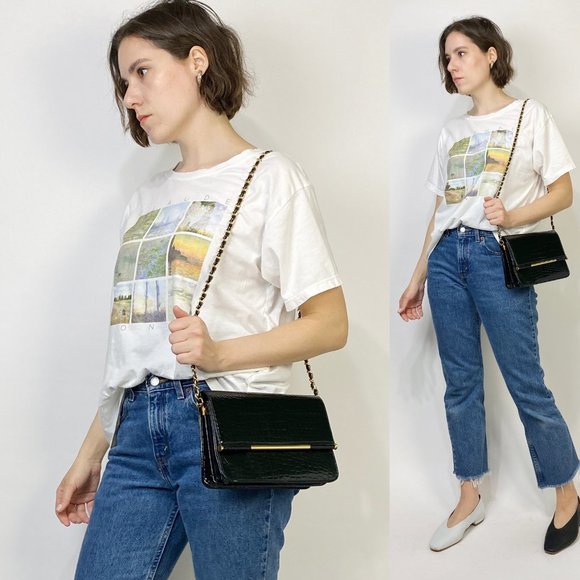 LEATHER Patent Croc Bag w CHAIN & Gold Hardware! - Picture 6 of 6